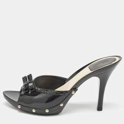 Dior Black Patent Leather Bow Slide Sandals Size 40