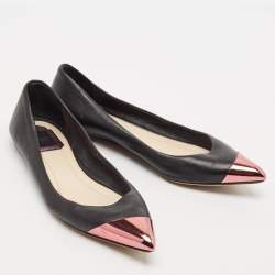Dior Black Leather Metal Cap Pointed Toe Ballet Flats Size 39.5