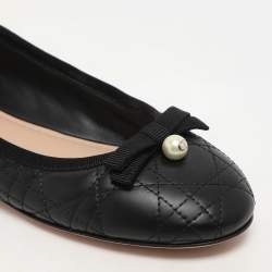مملوكة مسبقًا Dior Black Cannage Leather Bow Pearl Ballet Flats Size 38