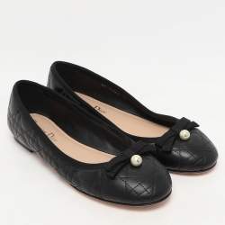 مملوكة مسبقًا Dior Black Cannage Leather Bow Pearl Ballet Flats Size 38