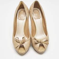 Dior Beige Cannage Leather Bow Peep Toe Pumps Size 38.5