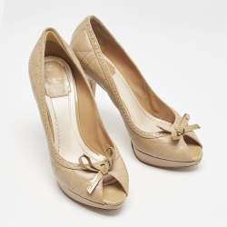 Dior Beige Cannage Leather Bow Peep Toe Pumps Size 38.5