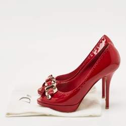 Pre Owned Dior Red Patent Leather Bow Chain Detail Peep Toe Pumps Size 38.5