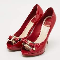 Pre Owned Dior Red Patent Leather Bow Chain Detail Peep Toe Pumps Size 38.5