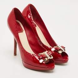 Pre Owned Dior Red Patent Leather Bow Chain Detail Peep Toe Pumps Size 38.5
