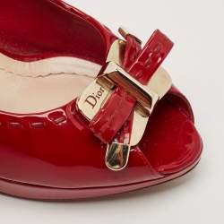 Pre Owned Dior Red Patent Leather Bow Chain Detail Peep Toe Pumps Size 38.5