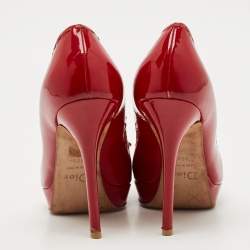 Pre Owned Dior Red Patent Leather Bow Chain Detail Peep Toe Pumps Size 38.5