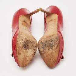 Pre Owned Dior Red Patent Leather Bow Chain Detail Peep Toe Pumps Size 38.5