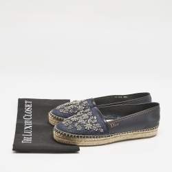 Pre Owned Dior Navy Blue Denim and Leather Embellished Espadrille Flats Size 38.5