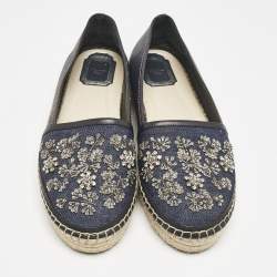 Pre Owned Dior Navy Blue Denim and Leather Embellished Espadrille Flats Size 38.5