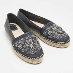Pre Owned Dior Navy Blue Denim and Leather Embellished Espadrille Flats Size 38.5