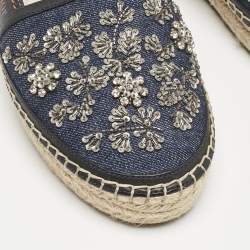 Pre Owned Dior Navy Blue Denim and Leather Embellished Espadrille Flats Size 38.5