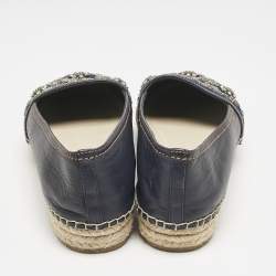 Pre Owned Dior Navy Blue Denim and Leather Embellished Espadrille Flats Size 38.5