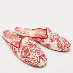 Dior Red Embroidered Canvas Dioriviera Flat Mules Size 36