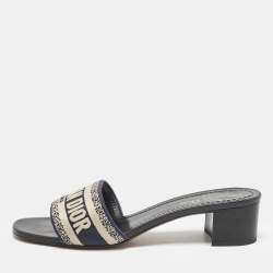 Dior Navy Blue Embroidered Canvas Dway Slide Sandals Size 40.5