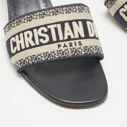 Dior Navy Blue Embroidered Canvas Dway Slide Sandals Size 40.5