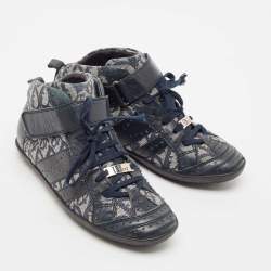 Dior Blue/Grey Oblique Canvas and Leather High Top Sneakers Size 37.5