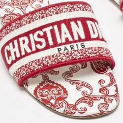 Dior Red/White Embroidered Canvas Dway Flat Slides Size 41