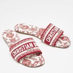 Dior Red/White Embroidered Canvas Dway Flat Slides Size 41