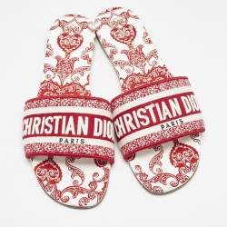 Dior Red/White Embroidered Canvas Dway Flat Slides Size 41
