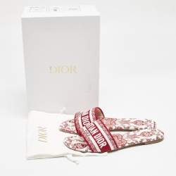 Dior Red/White Embroidered Canvas Dway Flat Slides Size 41