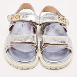 Dior Metallic Silver Leather DiorAct Flat Sandals Size 36.5