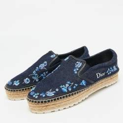 Dior Blue Denim Floral Embroidered Denim Prairie Espadrille Flats Size 39.5
