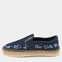 Dior Blue Denim Floral Embroidered Denim Prairie Espadrille Flats Size 39.5