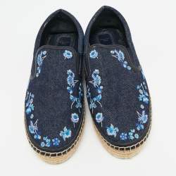 Dior Blue Denim Floral Embroidered Denim Prairie Espadrille Flats Size 39.5