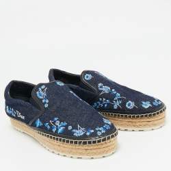 Dior Blue Denim Floral Embroidered Denim Prairie Espadrille Flats Size 39.5