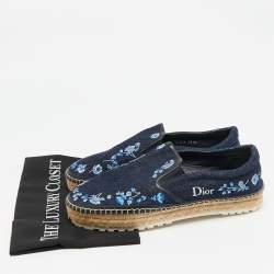 Dior Blue Denim Floral Embroidered Denim Prairie Espadrille Flats Size 39.5