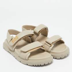 Pre Owned Dior Light Beige Leather Dioract Flat Sandals Size 38.5