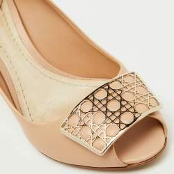 Pre Owned Dior Beige Leather Metal Cannage Plaque Detail Peep Toe Pumps Size 39.5