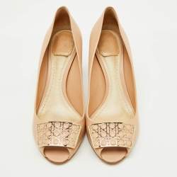 Pre Owned Dior Beige Leather Metal Cannage Plaque Detail Peep Toe Pumps Size 39.5