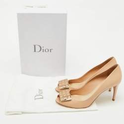 Pre Owned Dior Beige Leather Metal Cannage Plaque Detail Peep Toe Pumps Size 39.5