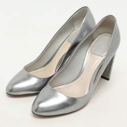Dior Silver Leather Microcannage Block Heel Pumps Size 36.5
