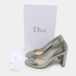 Dior Silver Leather Microcannage Block Heel Pumps Size 36.5
