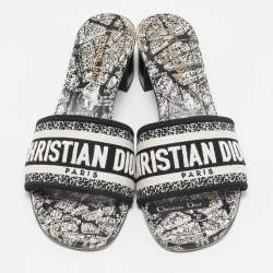 مملوكة مسبقًا Dior Black/White Embroidered Canvas Dway Slide Sandals Size 37.5