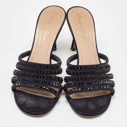 Dior Black Suede Crystal Embellished Slide Sandals Size 37