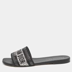 Dior Black/Silver Canvas Crystal Embellished Dway Flat Slides Size 37