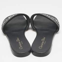 Dior Black/Silver Canvas Crystal Embellished Dway Flat Slides Size 37