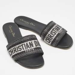 Dior Black/Silver Canvas Crystal Embellished Dway Flat Slides Size 37