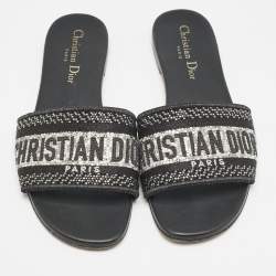 Dior Black/Silver Canvas Crystal Embellished Dway Flat Slides Size 37