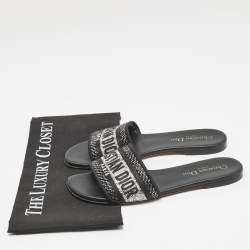 Dior Black/Silver Canvas Crystal Embellished Dway Flat Slides Size 37