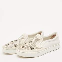 Dior White Denim And Leather Happy Crystal Embellished Slip On Sneakers Size 37