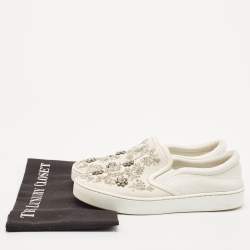 Dior White Denim And Leather Happy Crystal Embellished Slip On Sneakers Size 37
