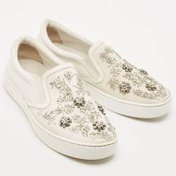 Dior White Denim And Leather Happy Crystal Embellished Slip On Sneakers Size 37
