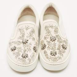 Dior White Denim And Leather Happy Crystal Embellished Slip On Sneakers Size 37