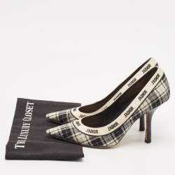 Dior Black/White Tartan Print Canvas J'Adior Ribbon Embroidered Pointed Toe Pumps Size 39