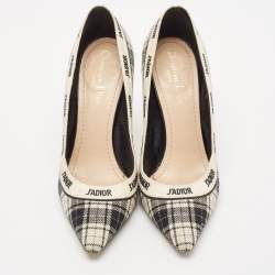 Dior Black/White Tartan Print Canvas J'Adior Ribbon Embroidered Pointed Toe Pumps Size 39